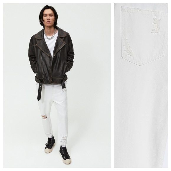 NWT. Zara Men White Tapered Relaxed Fit Ripped Jeans - Picture 2 of 14